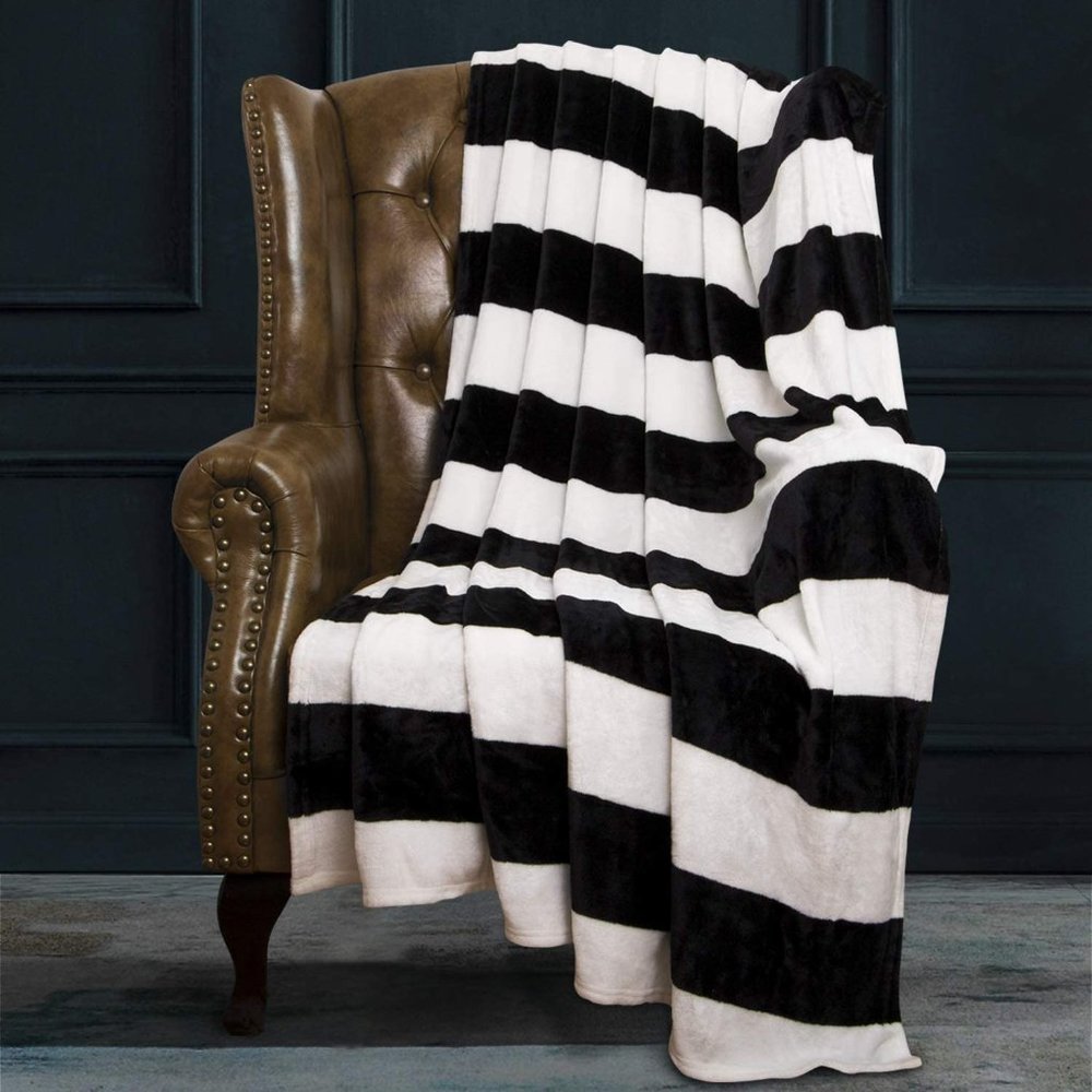 Halloween Flannel Blanket Black White Stripe King - Picture 6 of 7